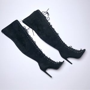 Black Thigh High Lace Up Heeled Boots